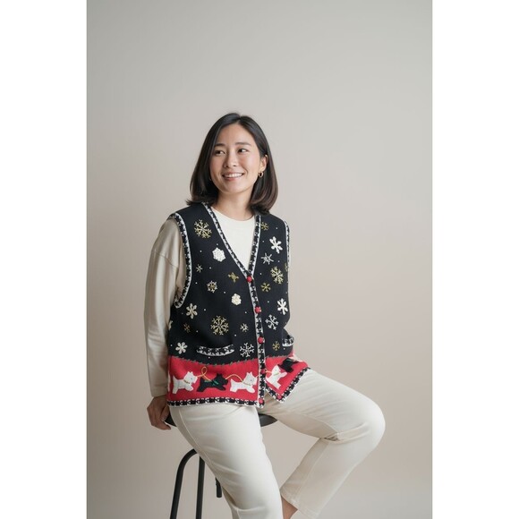 VTG Planet & Co Women's Sweater Vest Large Christmas Holiday Dog Scottie Westie - Picture 1 of 5